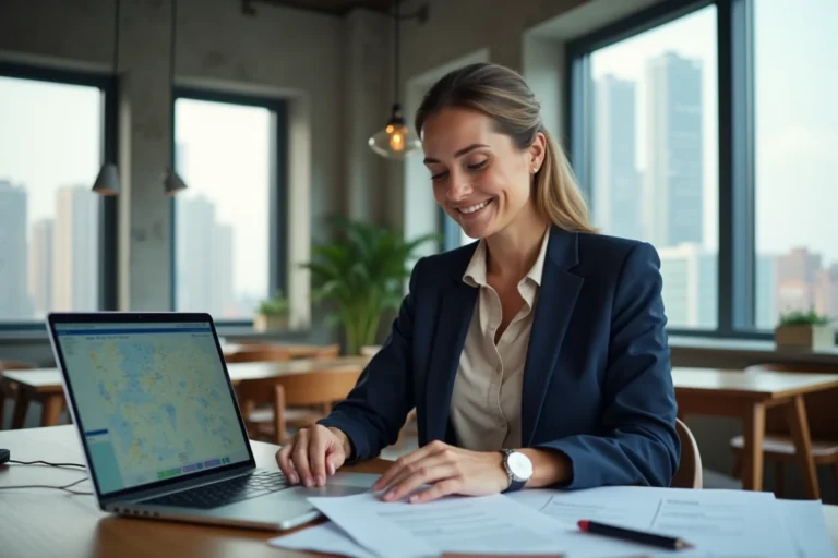 Femme professionnelle consultant des documents et une carte numérique dans un espace de coworking moderne à l'étranger
