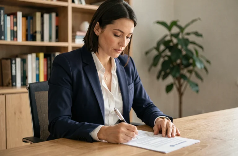 Femme professionnelle en blazer marine révisant son CV dans un bureau à domicile moderne pour une recherche d'emploi efficace