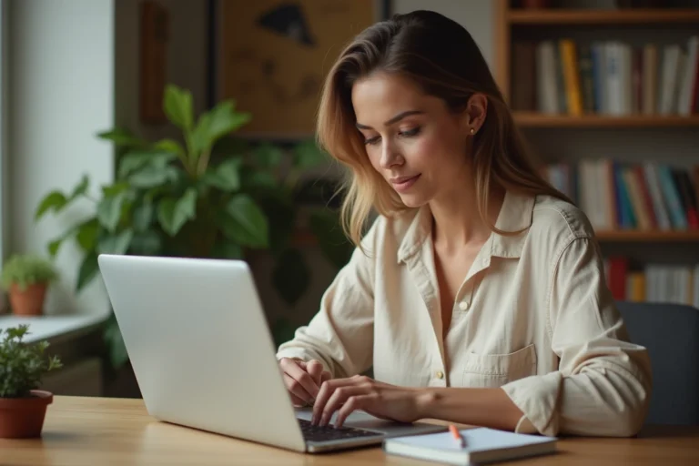Femme consultant des offres immobilières en ligne sur un ordinateur portable dans un bureau à domicile