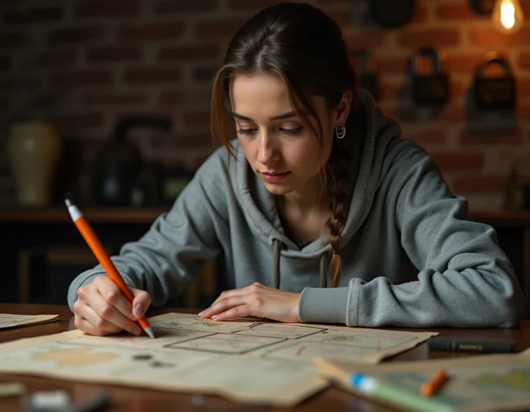 Jeune femme analysant des indices et cartes dans une salle d'escape game pour résoudre des énigmes complexes