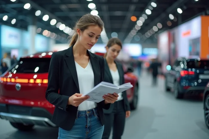 Femme consultant une brochure automobile lors d'un salon de l'auto en plein air, SUV neuf en arrière-plan