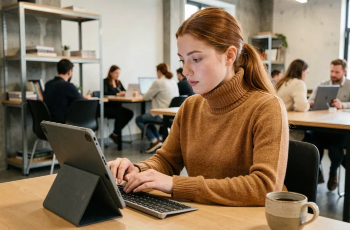 Jeune femme organisant ses tâches sur une tablette dans un espace de coworking contemporain