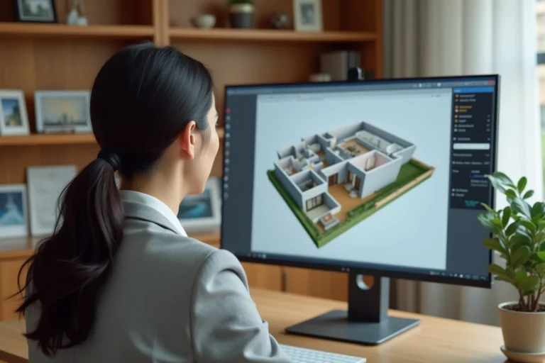 Femme consultant une visite virtuelle de maison sur ordinateur pour éviter les erreurs lors d'un achat immobilier