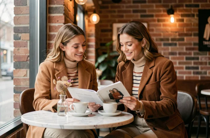 Deux femmes en tenues automnales tendance feuilletant un lookbook de mode dans un café