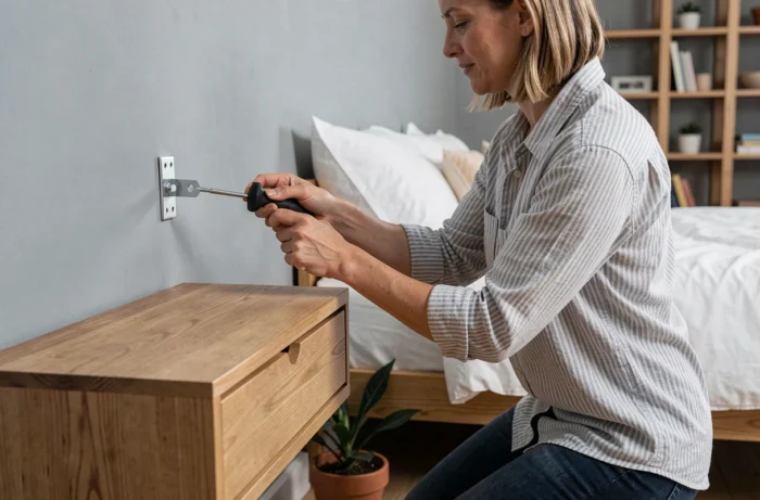 Femme vissant le support de fixation d'une table de chevet murale dans une chambre style scandinave