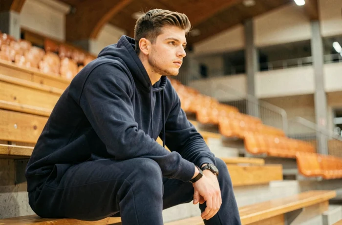 Jeune footballeur assis dans des gradins en bois d'une salle de sport, regard concentré et posture détendue