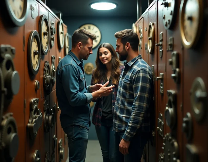 Groupe de joueurs collaborant pour déchiffrer un cadenas dans un couloir d'escape game thématique