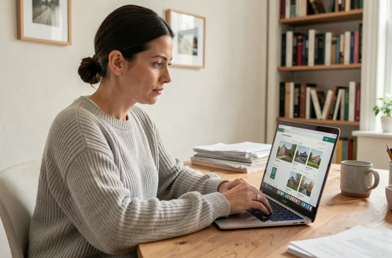 Femme consultant l'historique d'annonces immobilières sur un ordinateur portable dans un bureau à domicile