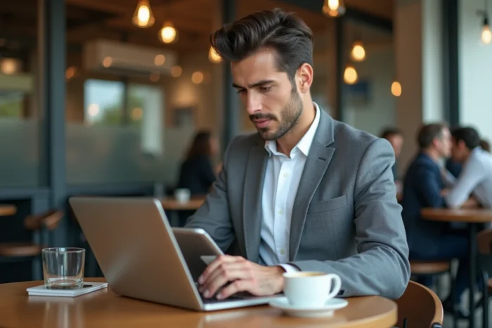 Homme d'affaires consultant des données économiques sur ordinateur portable dans un café urbain