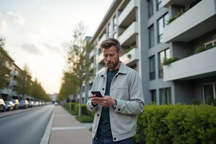 Homme utilisant une application immobilière sur smartphone devant un immeuble résidentiel urbain