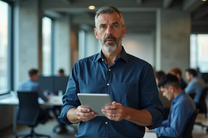 Homme en bureau consultant des avis clients sur tablette, questionnant la crédibilité des recommandations en ligne