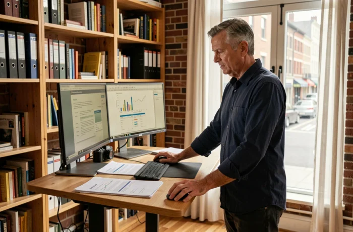 Homme travaillant debout à un bureau avec double écran dans un bureau à domicile bien organisé