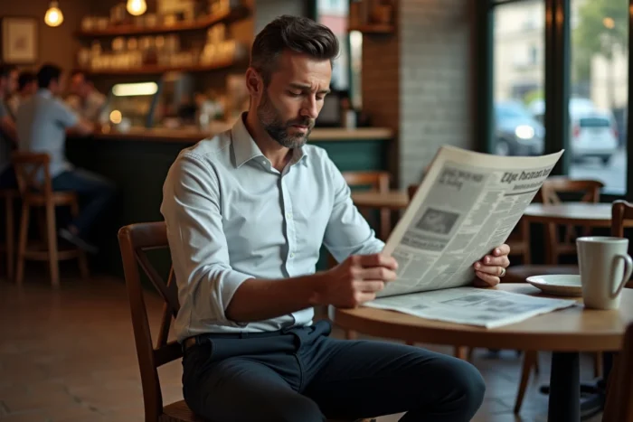 Homme élégant lisant un journal dans un café parisien traditionnel, ambiance authentique et intimiste