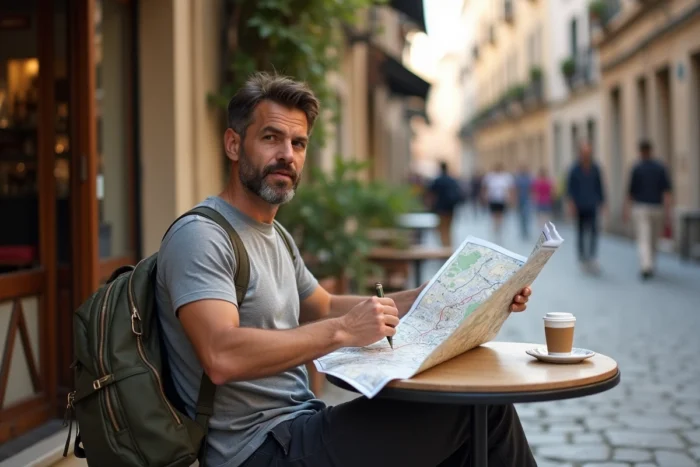 Homme consultant une carte papier à la terrasse d'un café dans une rue pavée européenne