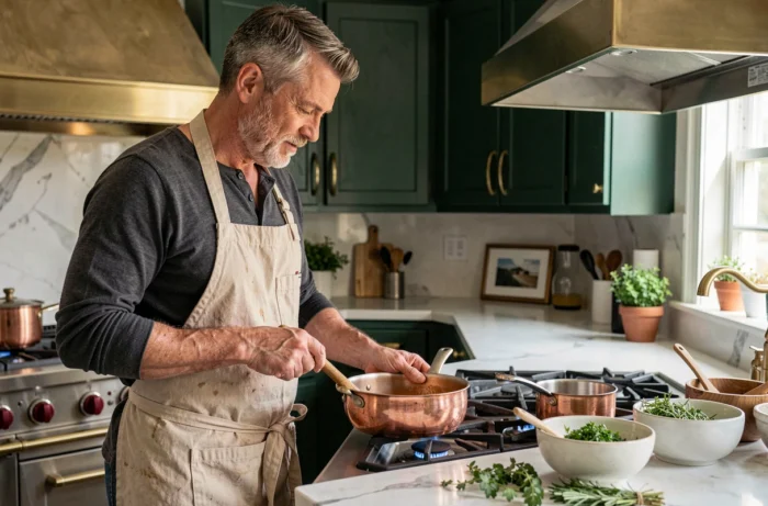 Homme cuisinant avec une casserole en cuivre sur une cuisinière professionnelle dans une cuisine haut de gamme à domicile