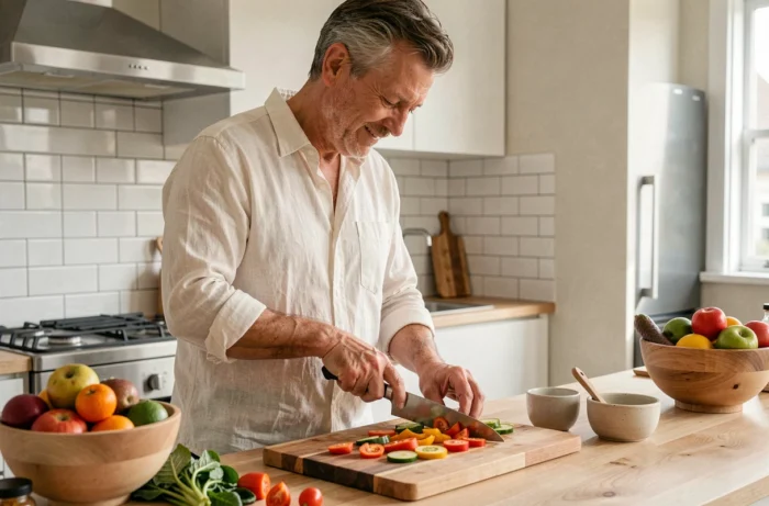 Homme préparant un repas sain avec des légumes frais dans une cuisine moderne pour prendre soin de sa santé