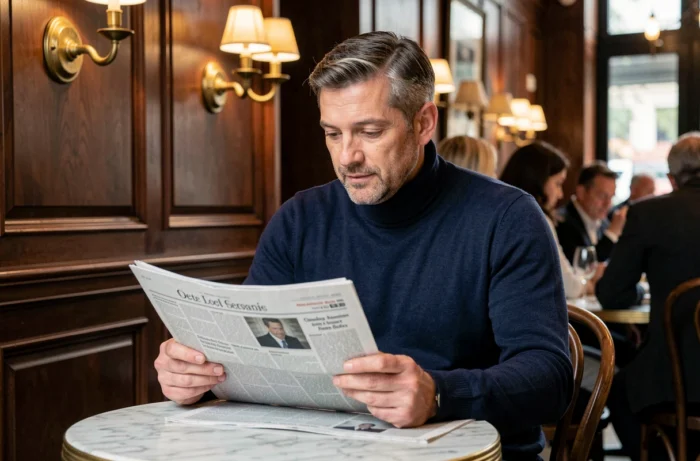 Homme discret et élégant attablé dans une brasserie parisienne, évoquant la vie privée d'un conjoint de personnalité publique