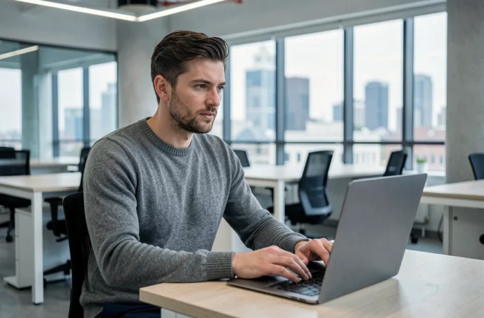Jeune homme en entretien d'embauche par vidéo sur ordinateur portable dans un espace de coworking contemporain