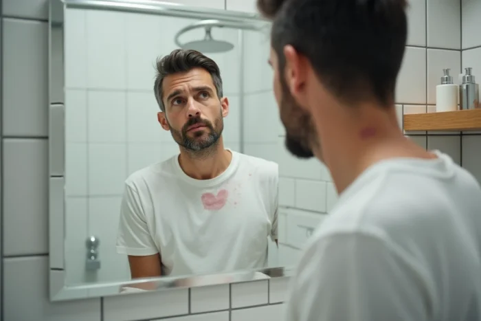 Homme examinant une zone de peau irritée sur son cou devant le miroir de sa salle de bain