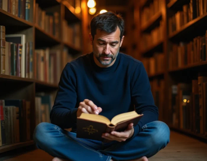 Homme examinant un journal ancien avec des symboles cachés dans une bibliothèque mystérieuse d'escape room