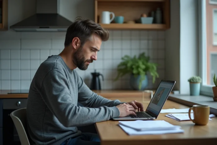 Homme consultant le portail Al'in sur un ordinateur portable dans sa cuisine pour une demande de logement