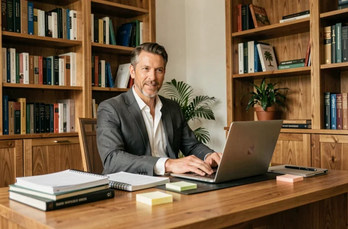 Homme professionnel en visioconférence dans un bureau à domicile organisé, illustrant les stratégies de développement de carrière
