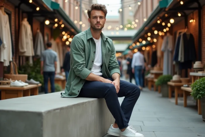 Homme tendance en blazer vert sauge assis dans un marché de mode urbain avec des stands de créateurs en arrière-plan