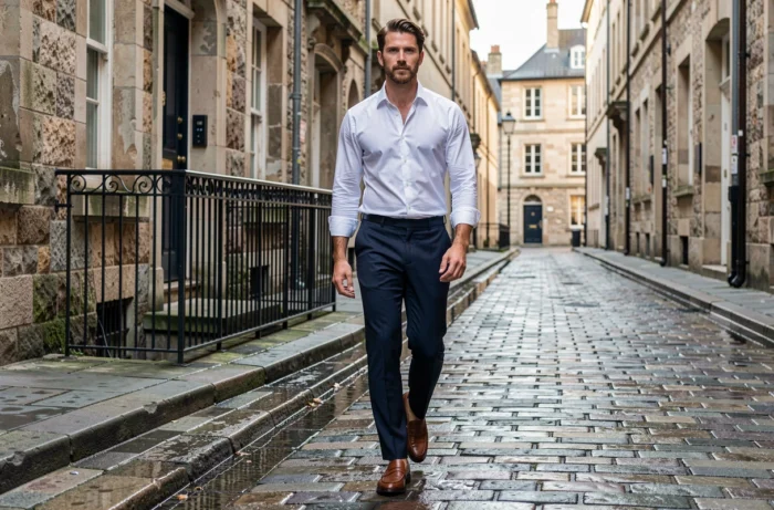 Homme en tenue casual chic marchant sur des pavés dans un quartier urbain européen