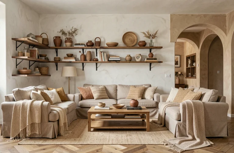 Salon moderne transformé avec style, mêlant textiles naturels, bois brut, enduit mural et objets chinés pour un intérieur tendance et original