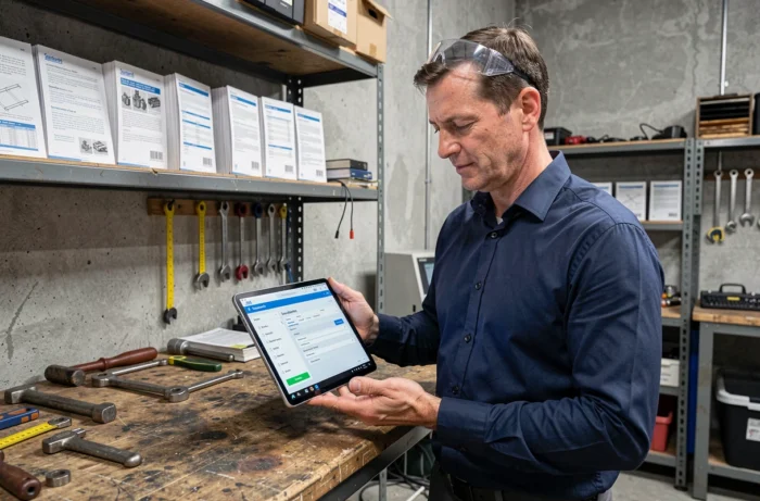 Ingénieur consultant une base de données de normes techniques sur une tablette dans un atelier industriel