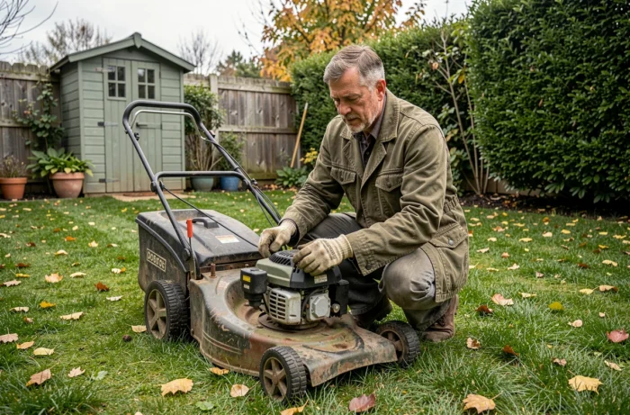 Homme inspectant une tondeuse à gazon dans un jardin résidentiel pour choisir le bon équipement de jardinage