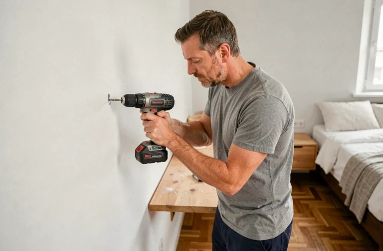 Homme installant une cheville murale pour fixer une table de chevet au mur dans une chambre moderne