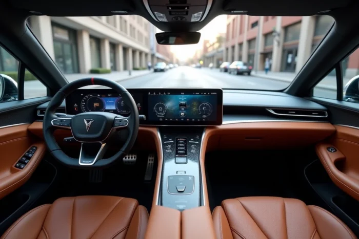 Intérieur cockpit futuriste d'une voiture concept avec tableau de bord numérique incurvé et sièges en cuir premium