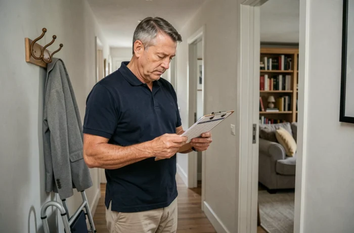Intervenant ADMR consultant un planning de services à domicile dans un couloir d'appartement