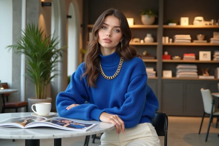 Jeune femme stylée en pull oversize cobalt dans un concept store tendance avec magazines de mode et accessoires design