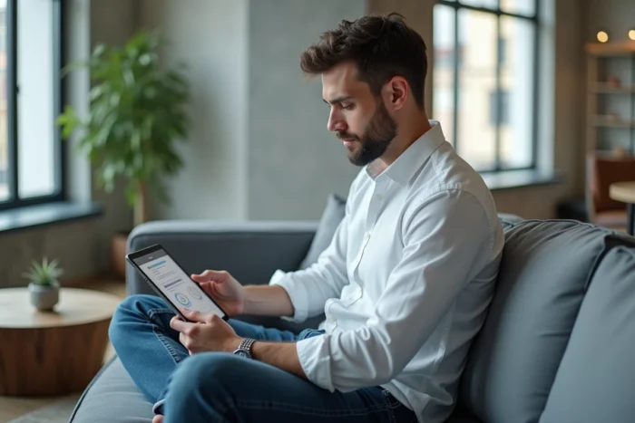 Jeune propriétaire naviguant sur l'interface de son bureau de gestion immobilière sur une tablette dans un appartement moderne