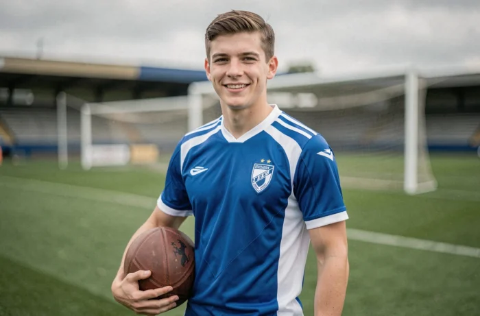 Jeune footballeur professionnel en maillot d'entraînement sur un terrain de football naturel, posant avec un ballon sous le bras