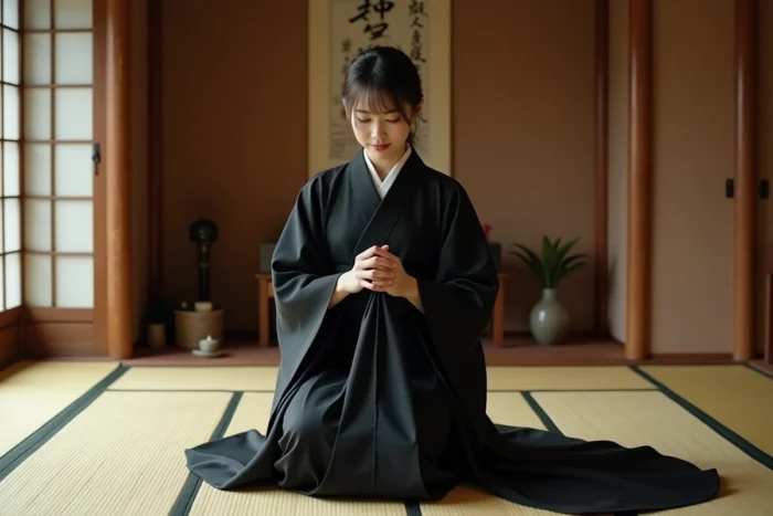 Femme en kimono tomesode noir aux longues manches assise sur tatami lors d'une cérémonie du thé japonaise traditionnelle