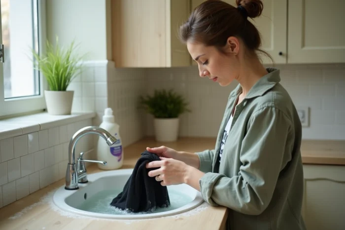 Femme lavant à la main un maillot de bain une pièce noir dans un évier avec de l'eau savonneuse pour assouplir le tissu