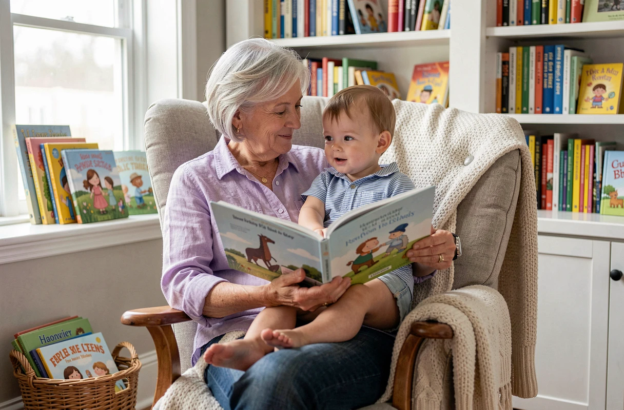 Grand-mère lisant un livre illustré à un bébé de 12 mois sur ses genoux dans un coin lecture chaleureux avec des étagères de livres pour enfants