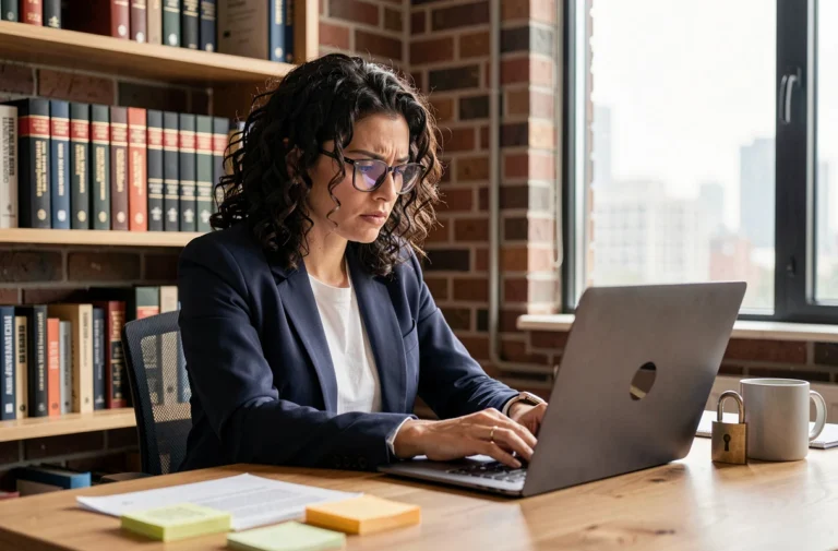 Femme consultant des documents sur la protection des données numériques dans un bureau moderne