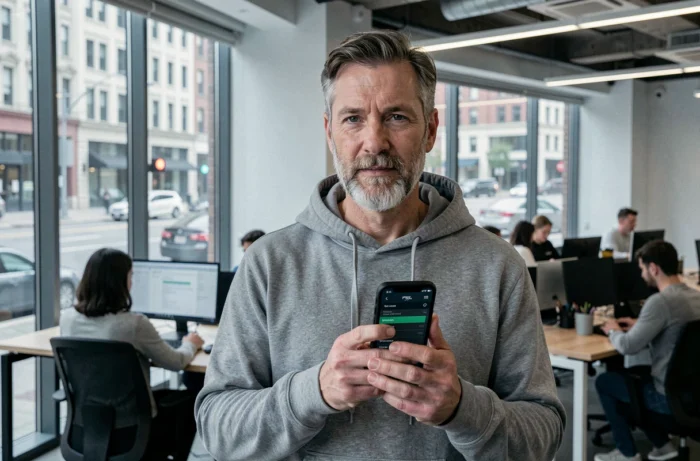 Homme utilisant une application VPN sur smartphone dans un espace de coworking connecté