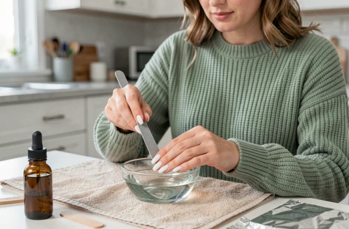 Jeune femme limage et trempage des ongles en porcelaine dans un bol de dissolvant à la maison sur une table de cuisine