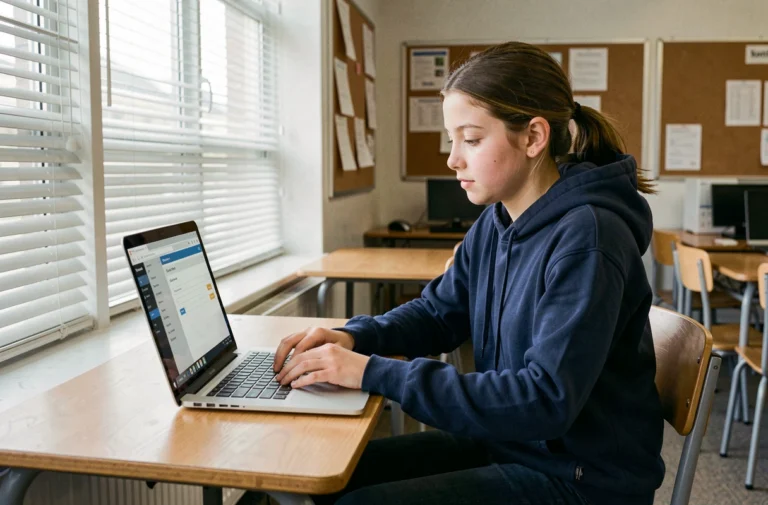 Lycéenne connectée au portail Pronote sur un ordinateur portable dans une salle informatique de lycée