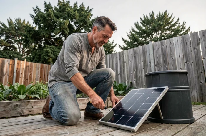 Homme installant un panneau solaire et un récupérateur d'eau de pluie dans un jardin potager durable
