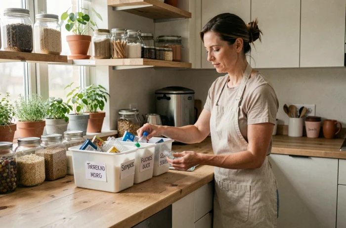 Femme triant des déchets recyclables dans une cuisine écologique moderne avec des bocaux en verre et des herbes aromatiques