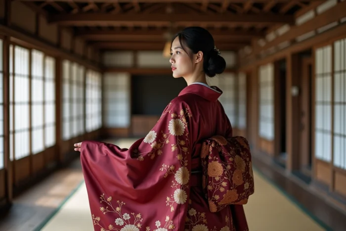 Femme japonaise portant un furisode traditionnel aux manches kimono très longues dans une maison historique de Kyoto