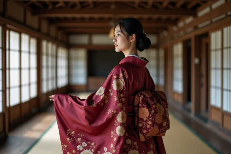 Femme japonaise portant un furisode traditionnel aux manches kimono très longues dans une maison historique de Kyoto