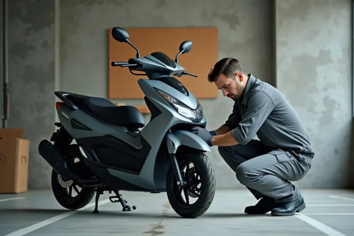 Mécanicien inspectant un scooter Yamaha XMAX 125 gris dans un garage urbain professionnel