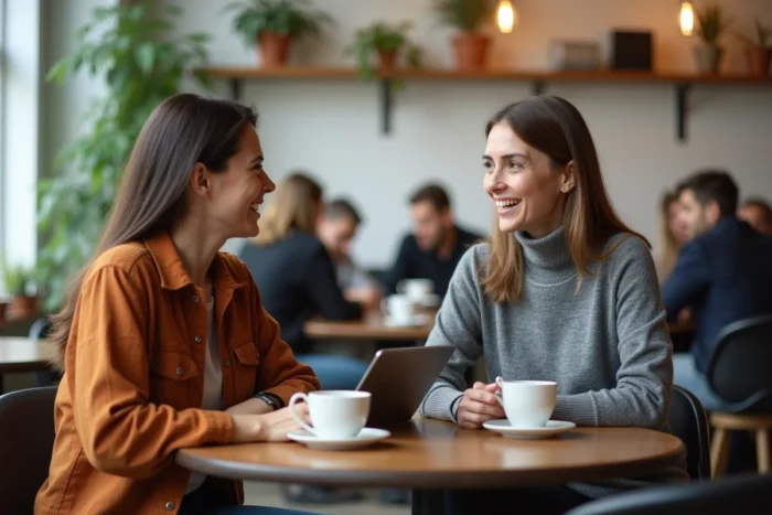 Deux femmes entrepreneures en discussion professionnelle dans un café contemporain